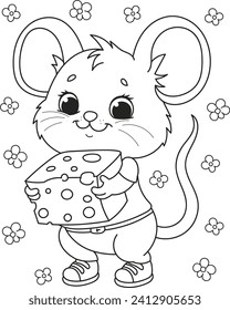 Coloring page outline of cartoon smiling cute mouse with cheese. Colorful vector illustration, summer coloring book for kids.