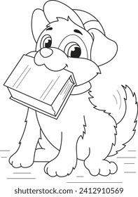 Coloring page outline of cartoon smiling cute little dog with a book. Colorful vector illustration, summer coloring book for kids.