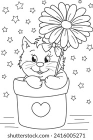 Coloring page outline of cartoon smiling cute beautiful cat with the big flower. Colorful vector illustration, summer coloring book for kids.