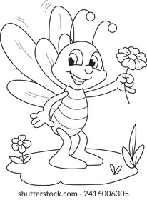 Esquema de página de color de la caricatura sonriendo a una linda abeja con una flor. Ilustración vectorial colorida, libro de coloración de verano para niños.