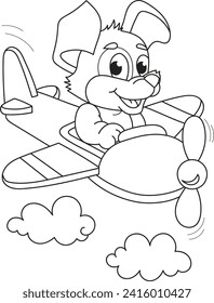 Coloring page outline of cartoon smiling cute little dog piloting an airplane. Colorful vector illustration, summers coloring book for kids.