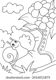 Coloring page outline of cartoon smiling cute snail on a boot. Colorful vector illustration, summer coloring book for kids.