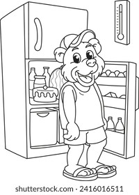 Esbozo de página de color de caricatura sonriendo a un oso lindo frente al refrigerador en el calor. Ilustración vectorial colorida, libro de coloración de verano para niños.