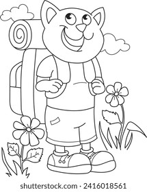 Coloring page outline of the cartoon smiling cute cat with a big backpack. Colorful vector illustration, summer coloring book for kids.