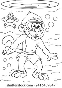 Coloring page outline of the cartoon smiling cute monkey on the sea beach under water. Colorful vector illustration, summer coloring book for kids.