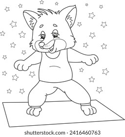 Coloring page outline of cartoon smiling cute yoga fox. Colorful vector illustration, summer coloring book for kids.