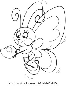 Coloring page outline of cartoon smiling cute butterfly with a drop of water. Colorful vector illustration, summer coloring book for kids.