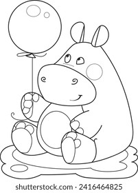 Coloring page outline of cartoon smiling cute little hippo with a balloon. Colorful vector illustration, summer coloring book for kids.