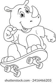 Coloring page outline of cartoon smiling cute rhinoceros on a skateboard. Colorful vector illustration, summer coloring book for kids.