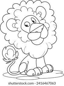 Coloring page outline of cartoon smiling cute lion in the savannah. Colorful vector illustration, summer coloring book for kids.