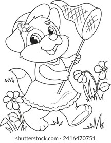 Coloring page outline of cartoon smiling cute little girl dog. Colorful vector illustration, summers coloring book for kids.