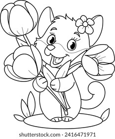 Coloring page outline of cartoon smiling cute beautiful fox with flowers. Colorful vector illustration, summer coloring book for kids.