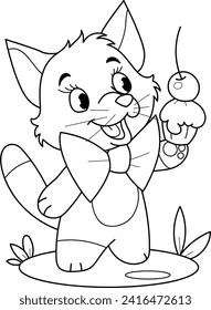 Coloring page outline of cartoon smiling cute beautiful cat with delicious cake. Colorful vector illustration, summer coloring book for kids.