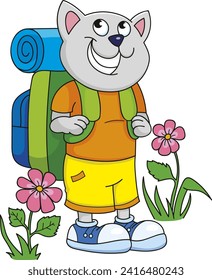 Coloring page outline of the cartoon smiling cute cat with a big backpack. Colorful vector illustration, summer coloring book for kids.