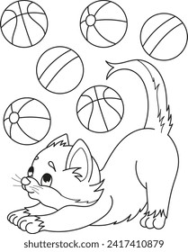 Coloring page outline of cartoon smiling cute beautiful cat with balls. Colorful vector illustration, summer coloring book for kids.