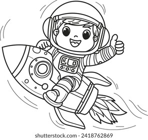 Coloring page outline of cartoon smiling astronaut in space with planets and stars in the rocket. Colorful vector illustration, space coloring book for kids.