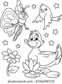 Coloring page outline of the cartoon smiling cute butterfly, duck, bird and big flower. Colorful vector illustration, summer coloring book for kids.