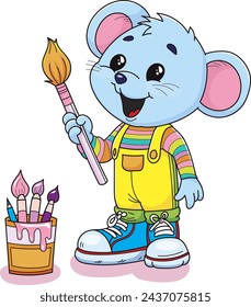 Coloring page outline of cartoon smiling cute mouse artist with a brush in hand. Colorful vector illustration, summer coloring book for kids.