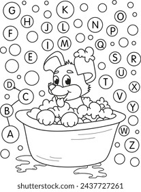 Coloring page outline of the cartoon smiling cute little dog taking a bath. Colorful vector illustration of educational alphabet game for preschool children, summer coloring book for kids.