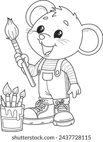 Coloring page outline of cartoon smiling cute mouse artist with a brush in hand. Colorful vector illustration, summer coloring book for kids.