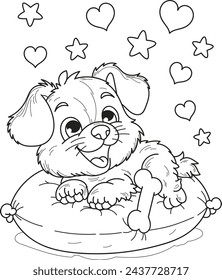 Dibujo para colorear contorno de dibujos animados sonriendo lindo perrito en la almohada por la noche. Ilustración vectorial colorida, libro para colorear de verano para niños.