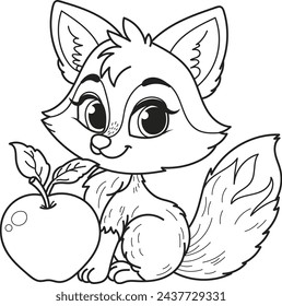 Coloring page outline of the cartoon smiling cute beautiful fox with an apple. Colorful vector illustration, summer coloring book for kids.