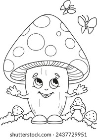 Coloring page outline of cartoon smiling cute mushroom with butterflies. Colorful vector illustration, summer coloring book for kids.