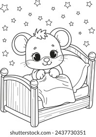 Dibujo para colorear contorno de dibujos animados sonriendo lindo ratón en la cama. Ilustración vectorial colorida, libro para colorear de verano para niños.