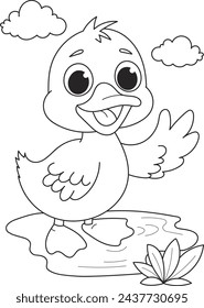 Dibujo para colorear contorno de dibujos animados de pato lindo sonriente. Ilustración vectorial colorida, libro para colorear de verano para niños.