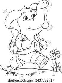 Coloring page outline of cartoon smiling cute elephant goes to school. Colorful vector illustration, summer coloring book for kids.