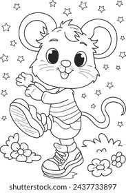 Coloring page outline of cartoon smiling cute mouse with stars. Colorful vector illustration, summer coloring book for kids.