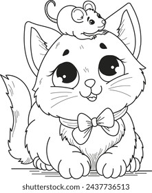 Coloring page outline of the cartoon smiling cute cat with a little mouse on his head. Colorful vector illustration, summer coloring book for kids.