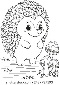 Coloring page outline of cartoon smiling cute hedgehog with mushrooms. Colorful vector illustration, summer coloring book for kids.