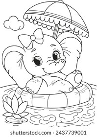 Coloring page outline of the cartoon smiling cute girl elephant swims in the pool with an umbrella. Colorful vector illustration, summer coloring book for kids.