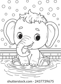 Coloring page outline of the cartoon smiling cute baby elephant swims in the pool. Colorful vector illustration, summer coloring book for kids.