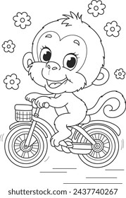 Dibujo para colorear contorno de la caricatura que sonríe mono lindo con una bicicleta. Ilustración vectorial colorida, libro para colorear de verano para niños.