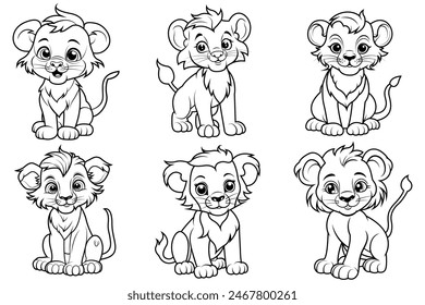 Coloring page outline of cartoon smiling cute little lion. Colorful vector illustration, summers coloring book for kids.