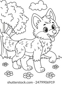 Coloring page outline of the cartoon smiling cute wolf. Colorful vector illustration, summer coloring book for kids.