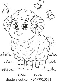 Dibujo para colorear contorno de la caricatura sonriendo pequeña oveja linda. Ilustración vectorial colorida, libro para colorear de verano para niños.