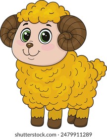 Coloring page outline of the cartoon smiling cute little sheep. Colorful vector illustration, summer coloring book for kids.