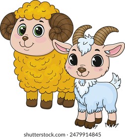 Coloring page outline of the cartoon smiling cute little goat and sheep. Colorful vector illustration, summer coloring book for kids.