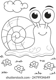 Coloring page outline of the cartoon smiling cute snail. Colorful vector illustration, summer coloring book for kids.