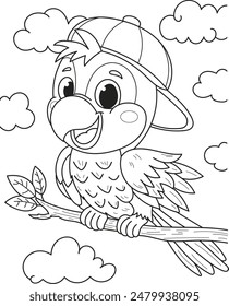 Coloring page outline of the cartoon smiling cute parrot. Colorful vector illustration, summer coloring book for kids.