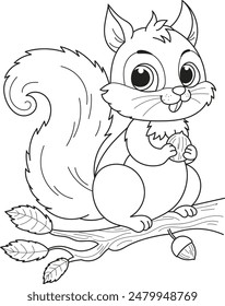 Coloring page outline of the cartoon smiling cute squirrel with the big nut. Colorful vector illustration, summer coloring book for kids.