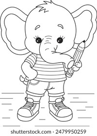 Coloring page outline of the cartoon smiling cute boy elephant with a pencil. Colorful vector illustration, summer coloring book for kids.