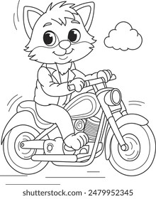 Coloring page outline of the cartoon smiling cute fox on a motorbike. Colorful vector illustration, summer coloring book for kids.