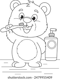 Coloring page outline of the cartoon smiling cute bear brushing his teeth. Colorful vector illustration, summer coloring book for kids.