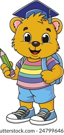 Coloring page outline of the cartoon smiling cute bear goes to school. Colorful vector illustration, school coloring book for kids.