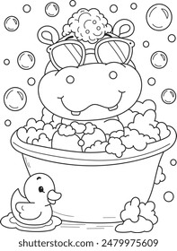 Coloring page outline of the cartoon smiling cute hippo in glasses takes a bath. Colorful vector illustration, summer coloring book for kids.