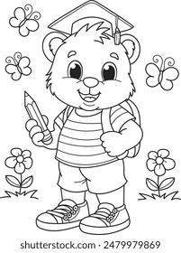 Coloring page outline of the cartoon smiling cute bear goes to school. Colorful vector illustration, school coloring book for kids.